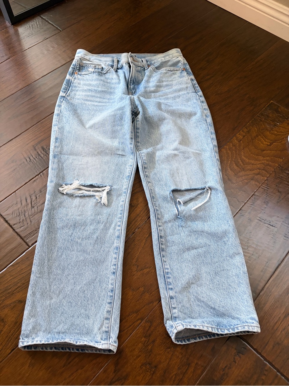 Express Light Blue Distressed Straight-Leg Jeans